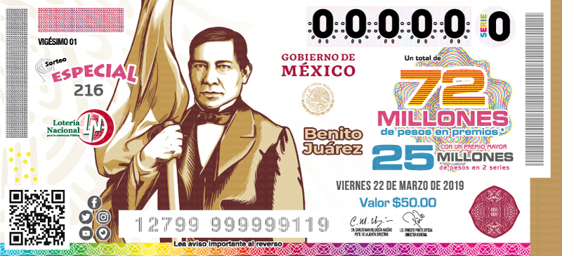 Imagen del billete de Lotería conmemorativo al Sorteo Especial No. 216 alusivo a Benito Juárez.