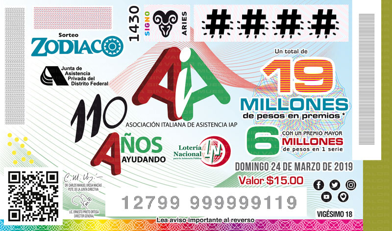 Imagen del billete de Lotería conmemorativo al Sorteo Zodiaco No. 1430 alusivo al 110° Aniversario de la Asociación Italiana de Asistencia, I.A.P.