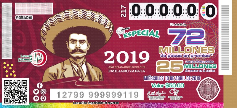 Imagen del billete de Lotería conmemorativo al Sorteo Especial No. 217 alusivo al Centenario Luctuoso del General Emiliano Zapata Salazar.