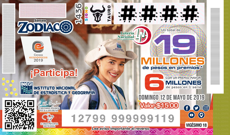 Imagen del billete de Lotería conmemorativo al Sorteo Zodiaco No. 1436 alusivo a los Censos Económicos 2019 del INEGI.