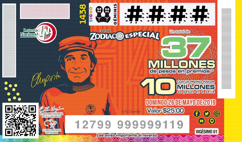 Imagen del billete de Lotería conmemorativo al Sorteo Zodiaco Especial No. 1438 alusivo al 40° Aniversario de "El Chanfle"