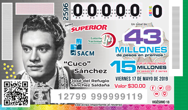  Imagen del billete de Lotería conmemorativo al Sorteo Superior No. 2596 alusivo a “Cuco” Sánchez.