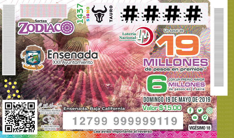  Imagen del billete de Lotería conmemorativo al Sorteo Zodiaco No. 1437 alusivo al 137° Aniversario de Ensenada.