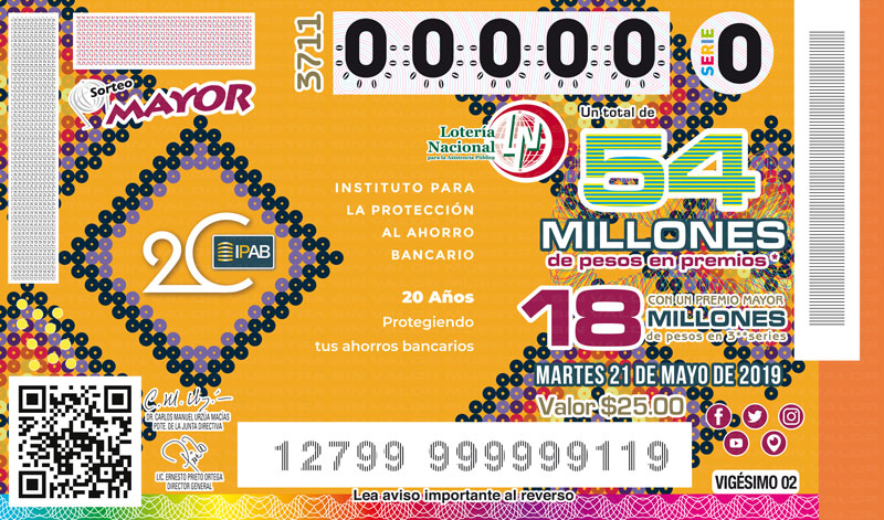 Imagen del billete de Lotería conmemorativo al Sorteo Mayor No. 3711 por los 20 años del IPAB