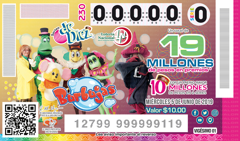  Imagen del billete de Lotería conmemorativo al Sorteo de Diez No. 230 alusivo al 40° Aniversario de Burbujas.