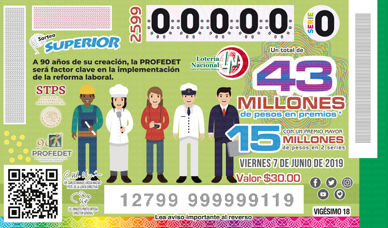  Imagen del billete de Lotería conmemorativo al Sorteo Superior No. 2599 alusivo al 90° Aniversario de la PROFEDET.   