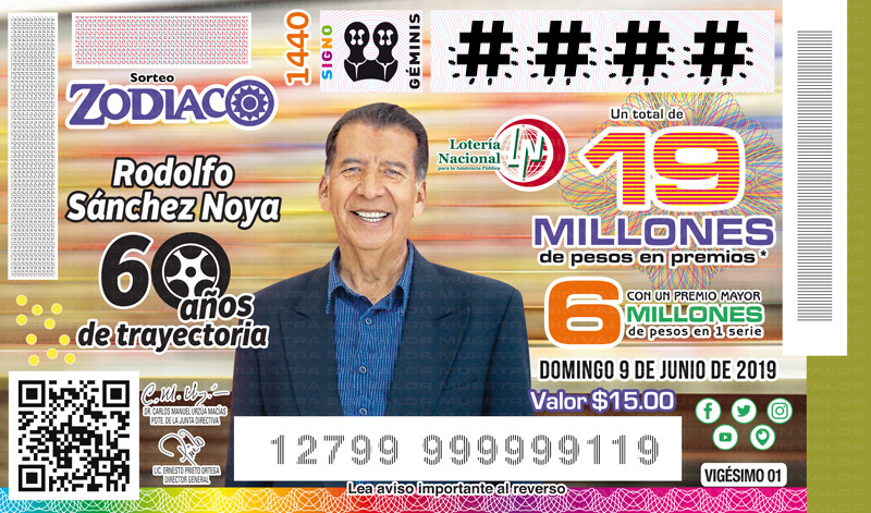  Imagen del billete de Lotería conmemorativo al Sorteo Zodiaco No. 1440 alusivo a los 60 años de trayectoria periodística deportiva de Rodolfo Sánchez Noya.