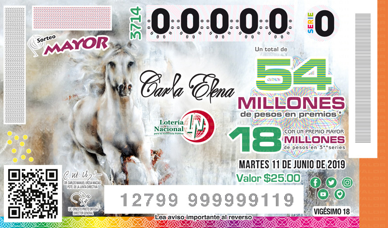 Imagen del billete de Lotería conmemorativo al Sorteo Mayor No. 3714 a la conmemoración de los 20 años de trayectoria de Carla Elena Name.