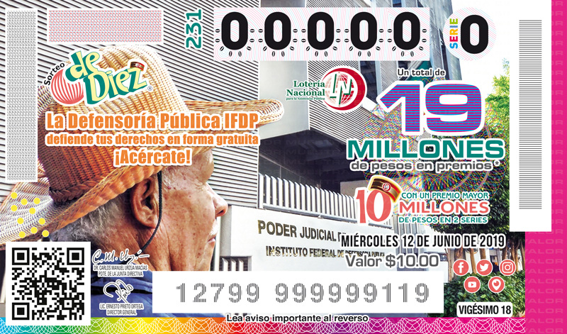 Imagen del billete de Lotería conmemorativo al Sorteo de Diez No. 231 alusivo al Instituto Federal de la Defensoria Pública