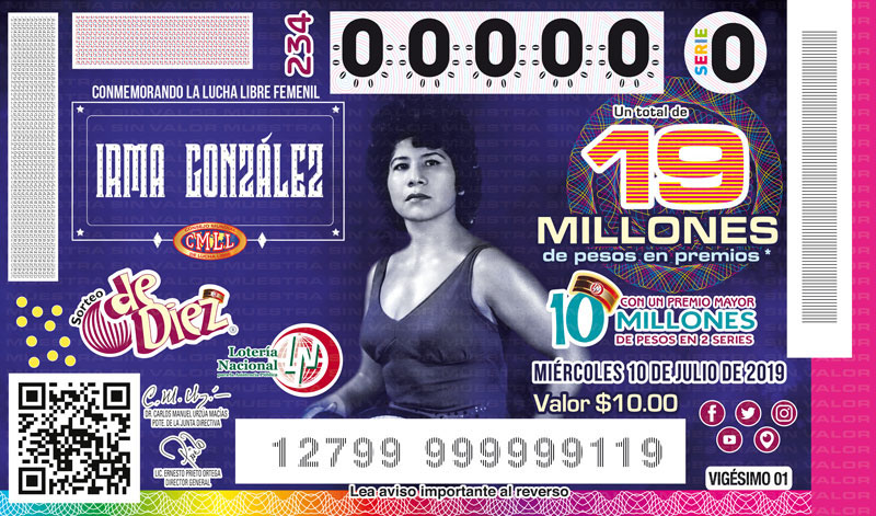 Imagen del billete de Lotería conmemorativo al Sorteo de Diez No. 234 alusivo al Homenaje a la Lucha Libre Femenina CMLL