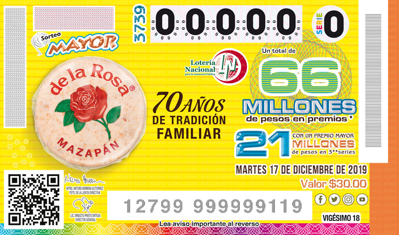 Imagen del billete de Lotería conmemorativo al Sorteo Mayor No. 3739 alusivo al 70° Aniversario del Mazapán “de la Rosa”.