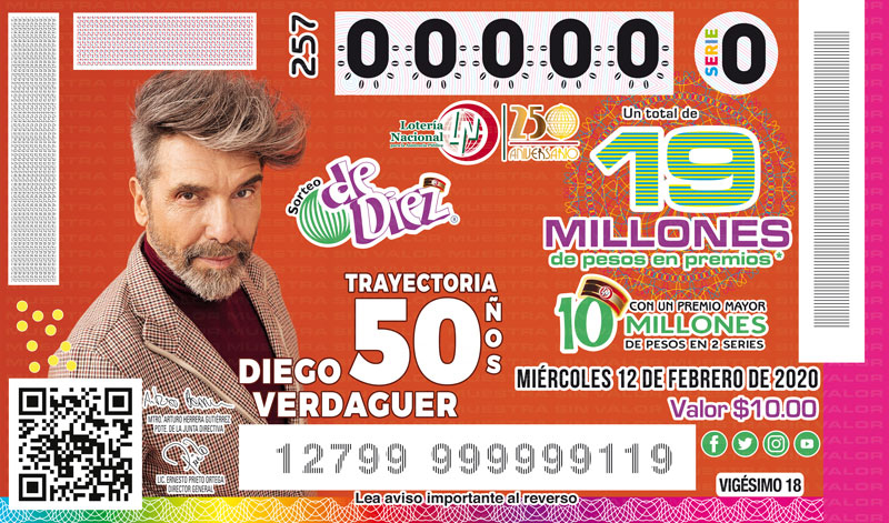 Imagen del billete de Lotería conmemorativo al Sorteo de Diez No. 257 alusivo al 50° Aniversario de la Trayectoria de Diego Verdaguer.