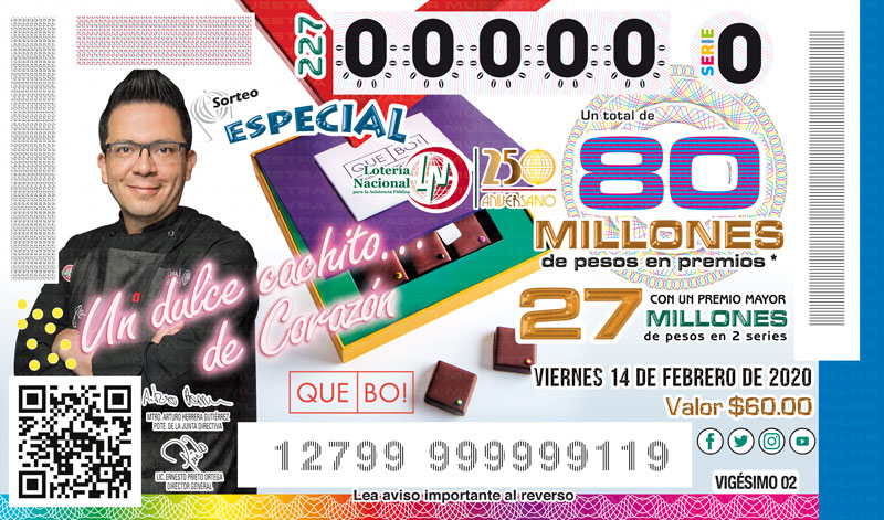Imagen del billete de Lotería conmemorativo al Sorteo Especial No. 227 alusivo al Día del Amor y la Amistad.