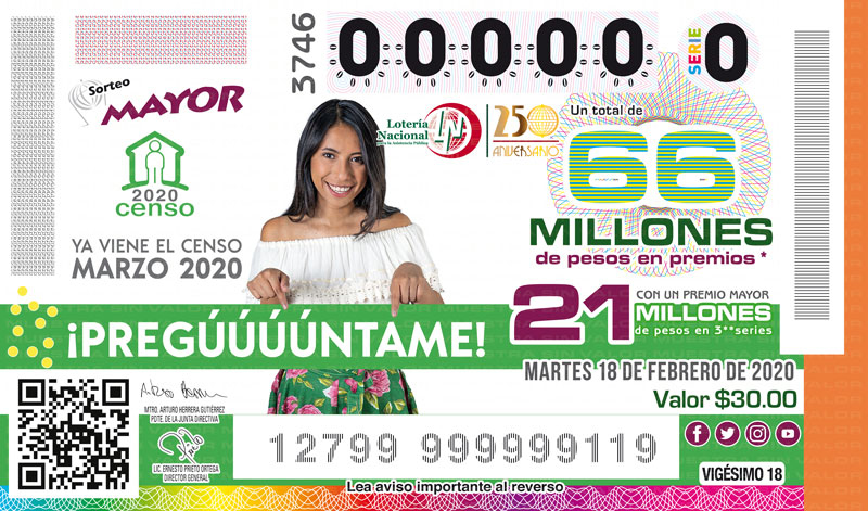  Imagen del billete de Lotería conmemorativo al Sorteo Mayor No, 3746 alusivo al Censo de Población y Vivienda 2020.