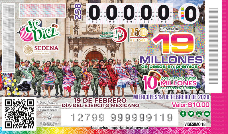 Imagen del billete del sorteo de Diez 258 alusivo al 19 de febrero, Día del Ejército Mexicano