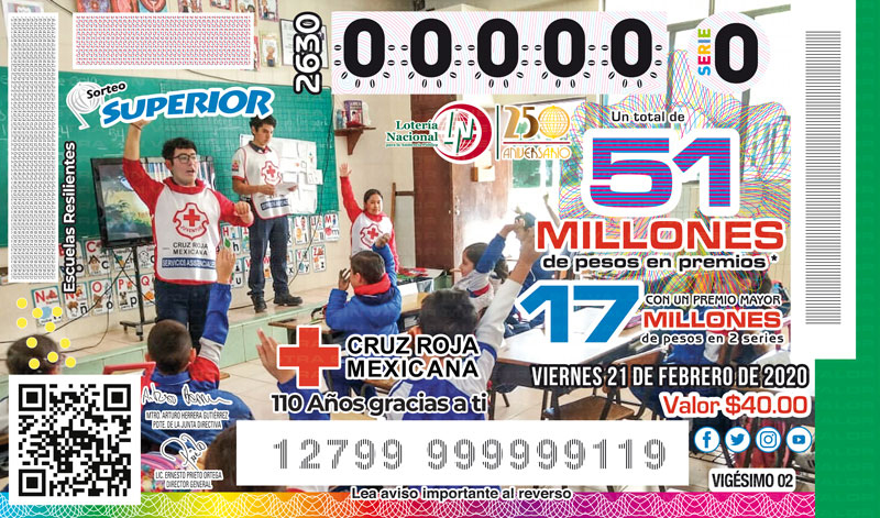Imagen del billete de Lotería conmemorativo al Sorteo Superior No. 2630 alusivo al 110° Aniversario de la Cruz Roja Mexicana.