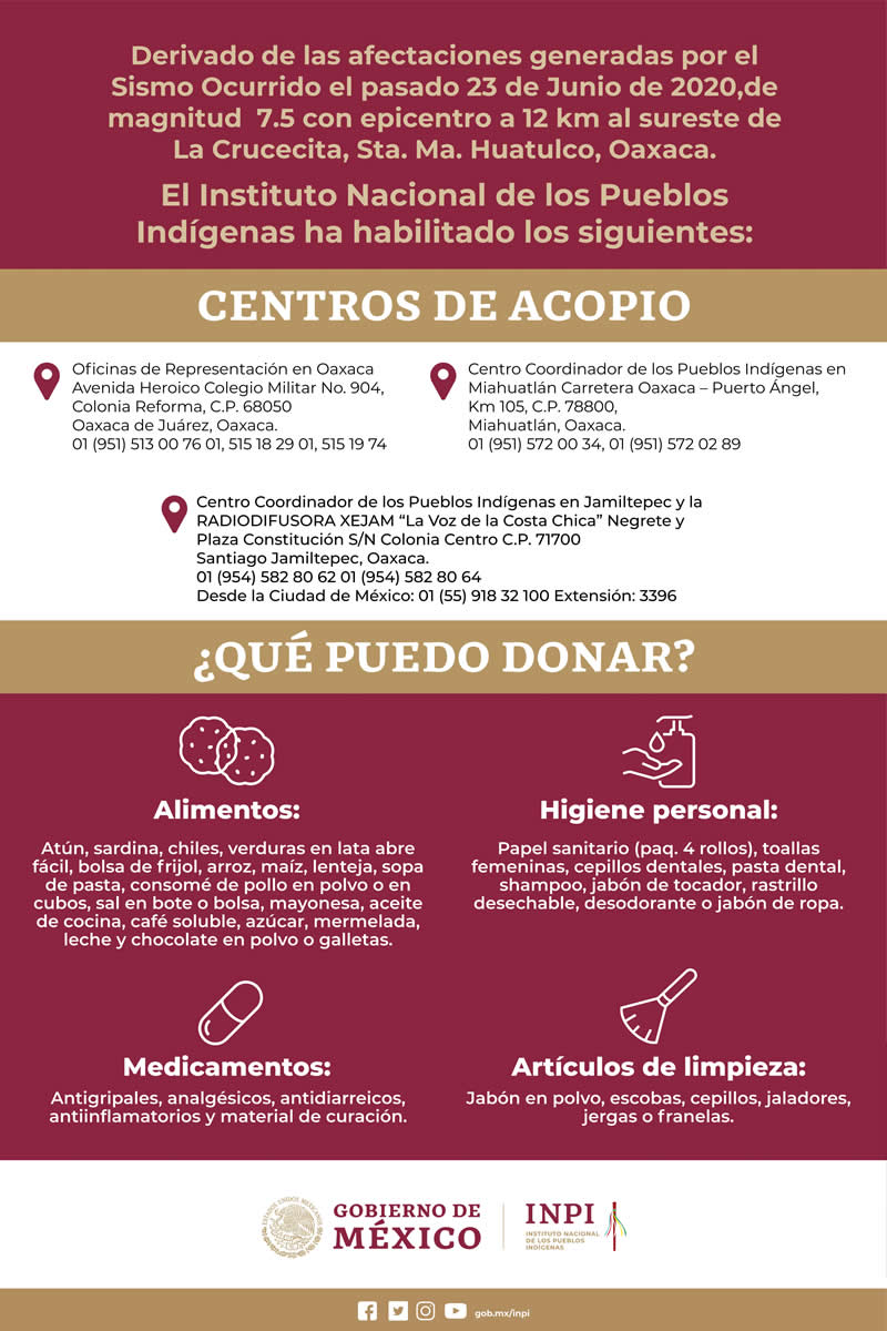 Centros de acopio INPI. Oaxaca. Junio 2020