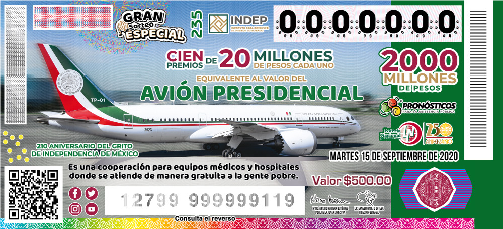 Imagen del billete del Gran Sorteo Especial No. 235 por un monto equivalente al valor del avión presidencial