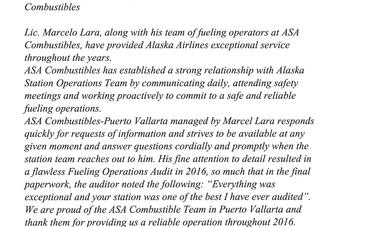 La Estación de Combustibles del Aeropuerto de Puerto Vallarta recibe Premio Internacional por parte de Alaska Airlines