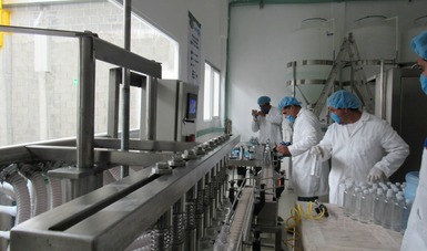 Grupo de trabajadores debidamente equipados manipulando recipientes de plástico.