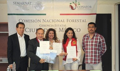 Ganador del primer concurso CIneminuto Forestal con el gerente de CONAFOR en CDMX y otro miembro del jurado.