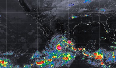 Imagen satelital sobre el territorio nacional con filtros infrarrojos.
Se pronostican tormentas intensas en Michoacán y Guerrero durante la noche debido a la Depresión Tropical 22-E.