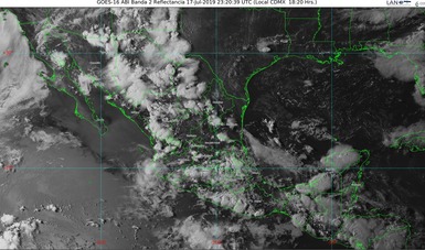 Imagen satelital de la república mexicana que muestra la nubosidad y temperatura en estados del territorio nacional.
Logotipo de Conagua.