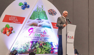 El director en jefe del Servicio Nacional de Sanidad, Inocuidad y Calidad Agroalimentaria (Senasica), Francisco Javier Trujillo Arriaga durante su participación en el 9° Congreso Internacional de Aneberries.