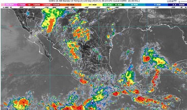 Imagen satelital con filtros infrarrojos que muestran nubosidad sobre el territorio nacional.
Logotipo de Conagua.