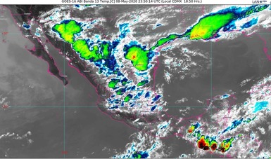 Imagen satelital con filtros infrarrojos que muestra nubosidad sobre el territorio nacional.
Logotipo de Conagua.