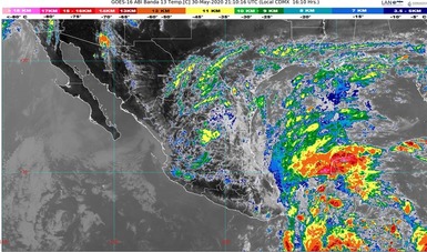 Imagen satelital con filtros infrarrojos que muestran nubosidad sobre el territorio nacional.
Logotipo de Conagua.