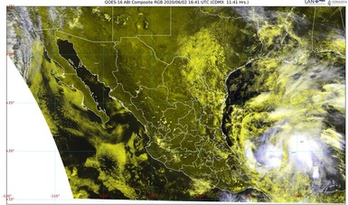 Imagen satelital con filtros de vapor de agua que muestra la formación de la tormenta tropical Cristobal.
Logotipo de Conagua.