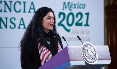 La secretaria Alejandra Frausto, acudió a la conferencia de prensa matutina, en Palacio Nacional 