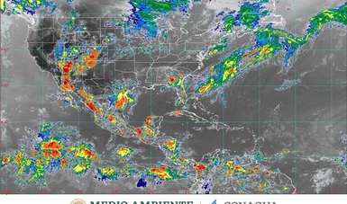 Imagen satelital con filtros infrarrojos que muestra nubosidad sobre el territorio nacional.
Logotipo de Semarnat y Conagua.