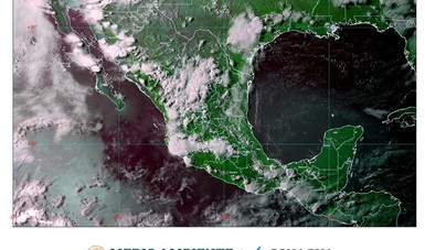 Imagen satelital con filtros de vapor de agua que muestra nubosidad sobre el territorio nacional.
Logotipo de Semarnat y Conagua.