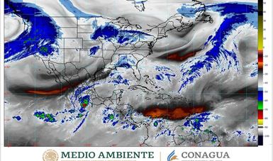 Imagen satelital con filtros infrarrojos que muestra nubosidad sobre el territorio nacional.
Logotipo de Semarnat y Conagua.