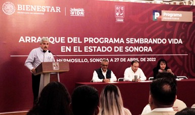 En conferencia Subsecretario Raúl Paulín y autoridades del estado de Sonora. De fondo back con el título: Arranque del Programa Sembrando Vida en el estado de Sonora