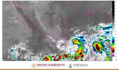Imagen satelital con filtros de vapor de agua que muestra nubosidad sobre el territorio nacional.
Logotipo de Conagua y Semarnat.