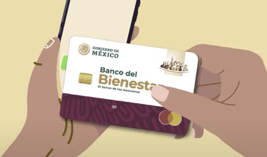 Dibujo: Manos agarran tarjeta del Banco del Bienestar y teléfono móvil