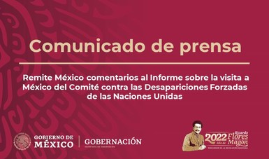 Remite México comentarios al Informe sobre la visita a México del Comité contra las Desapariciones Forzadas de las Naciones Unidas