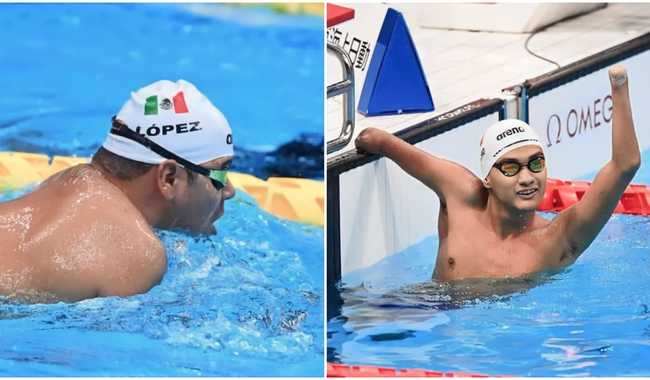 Diego López (izq.) y Ángel Camacho (der.), seleccionados nacionales de para natación, durante competencia. CONADE