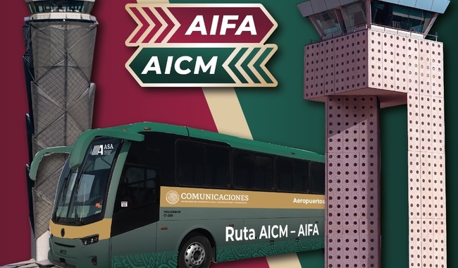 Torres de control AIFA - AICM con imagen del autobús ASA para el nuevo servicio de transporte terrestre