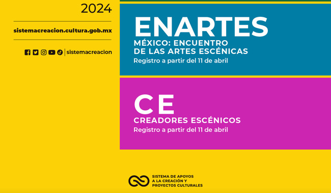 Publica las convocatorias México en Escena-Grupos Artísticos (MEGA), Encuentro de las Artes Escénicas (Enartes) y Creadores Escénicos 2024.
